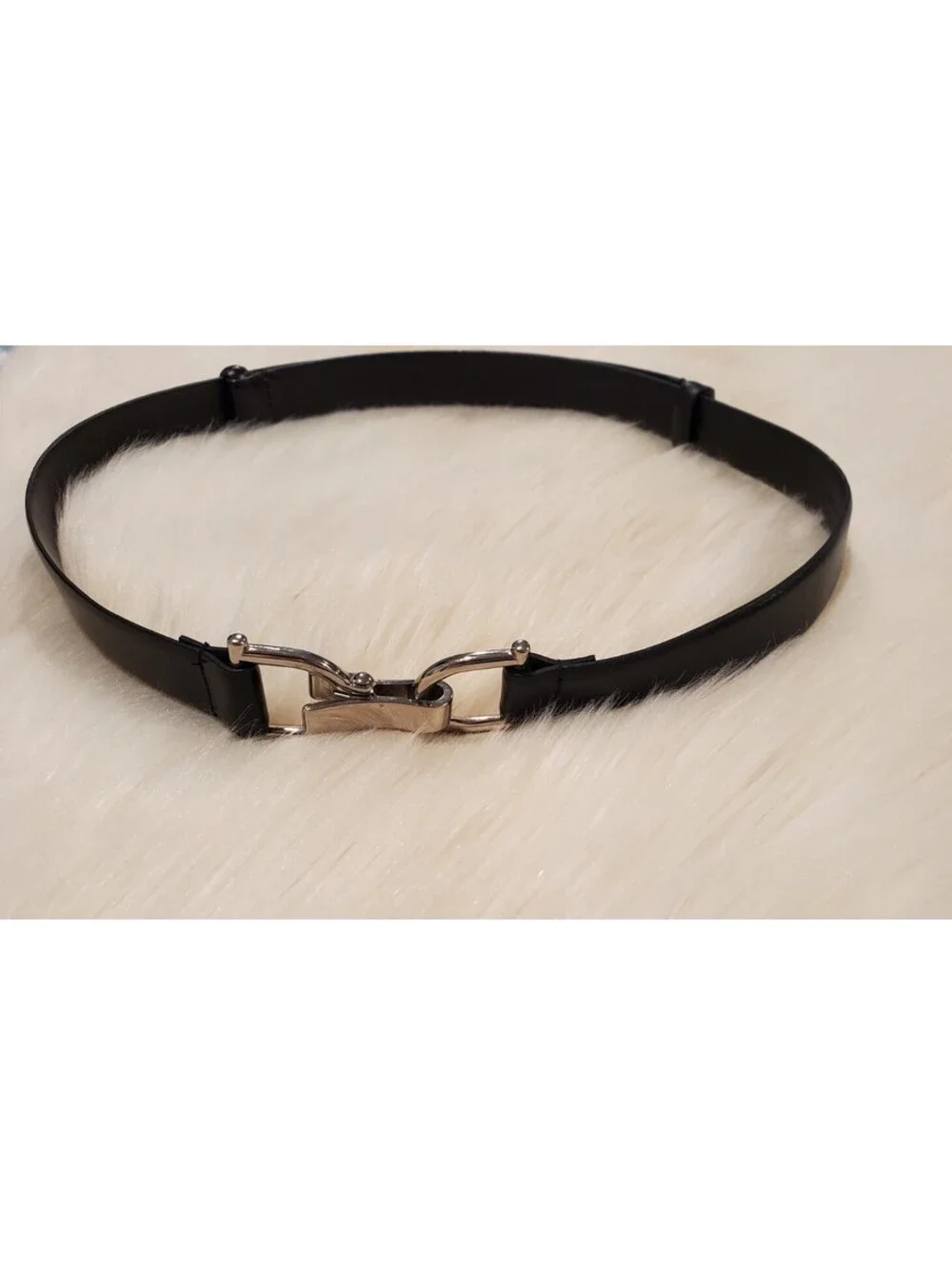 Anne Klein M/L Black Bonded Leather Belt Silver Clip Buckle Adjustable NWT